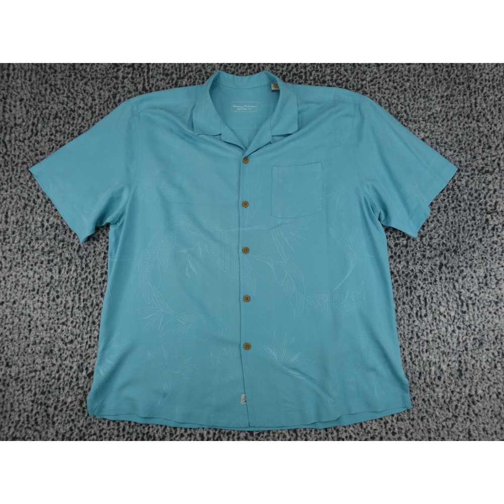 Tommy Bahama Silk Camp Shirt Mens XL Blue Floral Jacquard Original Fit Button Up
